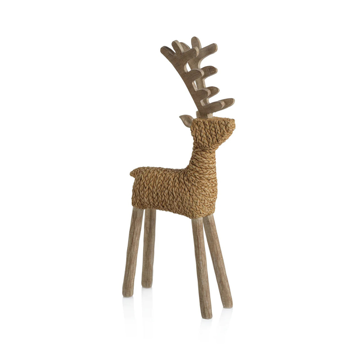 The ZODAX STANDING DEER 14 features a woven textured body with smooth wooden legs, neck, and antlers, measuring 16.51 cm x 35.56 cm (6.5 in x 14 in), and stands on a white background.