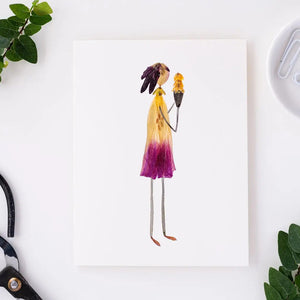 The PETAL PEOPLE PRESS - THREE SCOOPS greeting card by PETAL PEOPLE PRESS features a simple botanical illustration of a person made from pressed flowers and leaves, holding a smaller flower on a white background with natural colors.