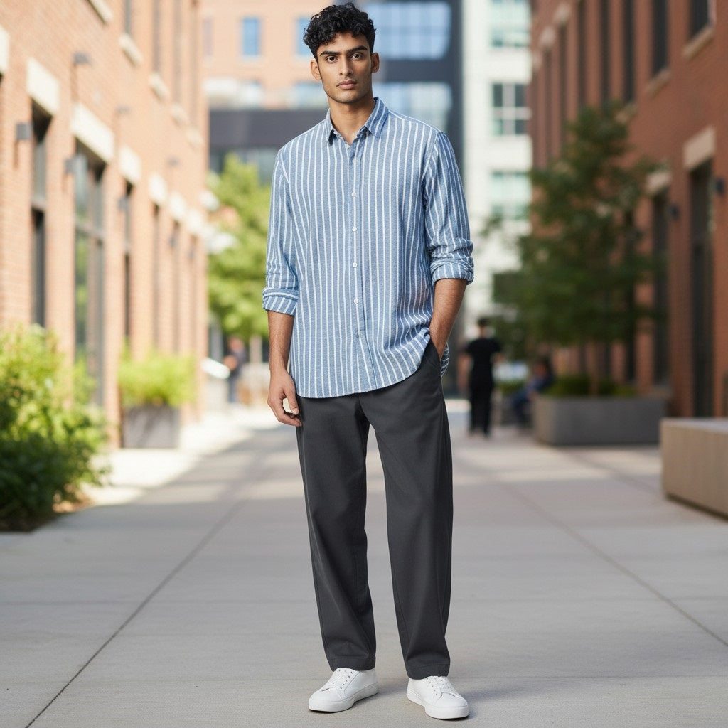 The FRANK &amp; EILEEN Finbar men's button-up shirt in turquoise with white stripes features washed linen, a back view, and long sleeves rolled up.