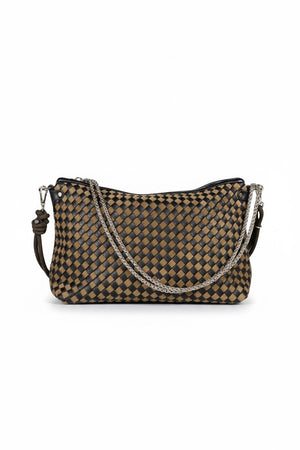 The CRAIE STUDIO - MALLOW TRESSE SEPIA NOIR HANDBAG is a checkered brown and black intrecciato bag featuring a knotted strap, displayed on a white pedestal against a plain white background. This crossbody design from CRAIE STUDIO highlights the artistry of braided leather handbags in a timeless silhouette.