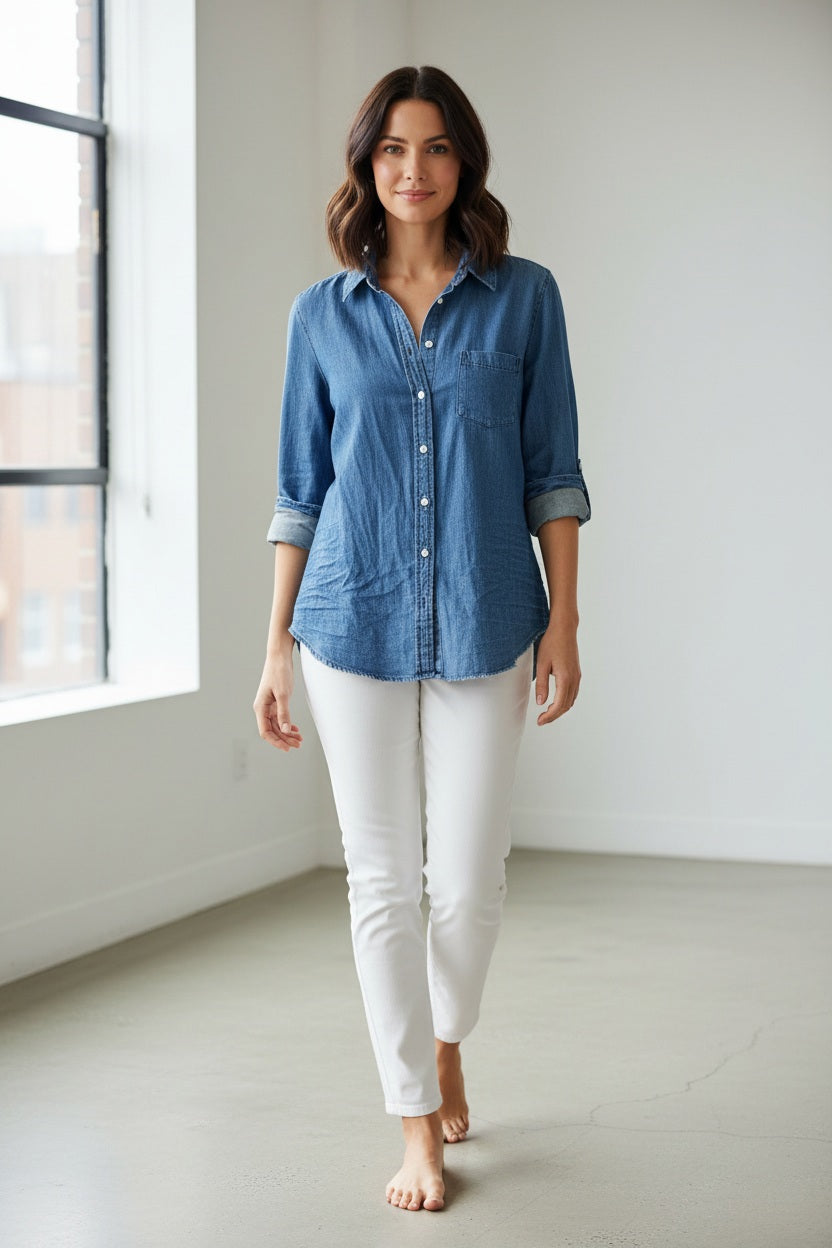 The FRANK &amp; EILEEN EILEEN Relaxed Button Up in Vintage Indigo Denim features a bust-flattering fit, single chest pocket, and rolled-up sleeves, finished with the signature "Frank &amp; Eileen EST 1947" label against a light textured background.