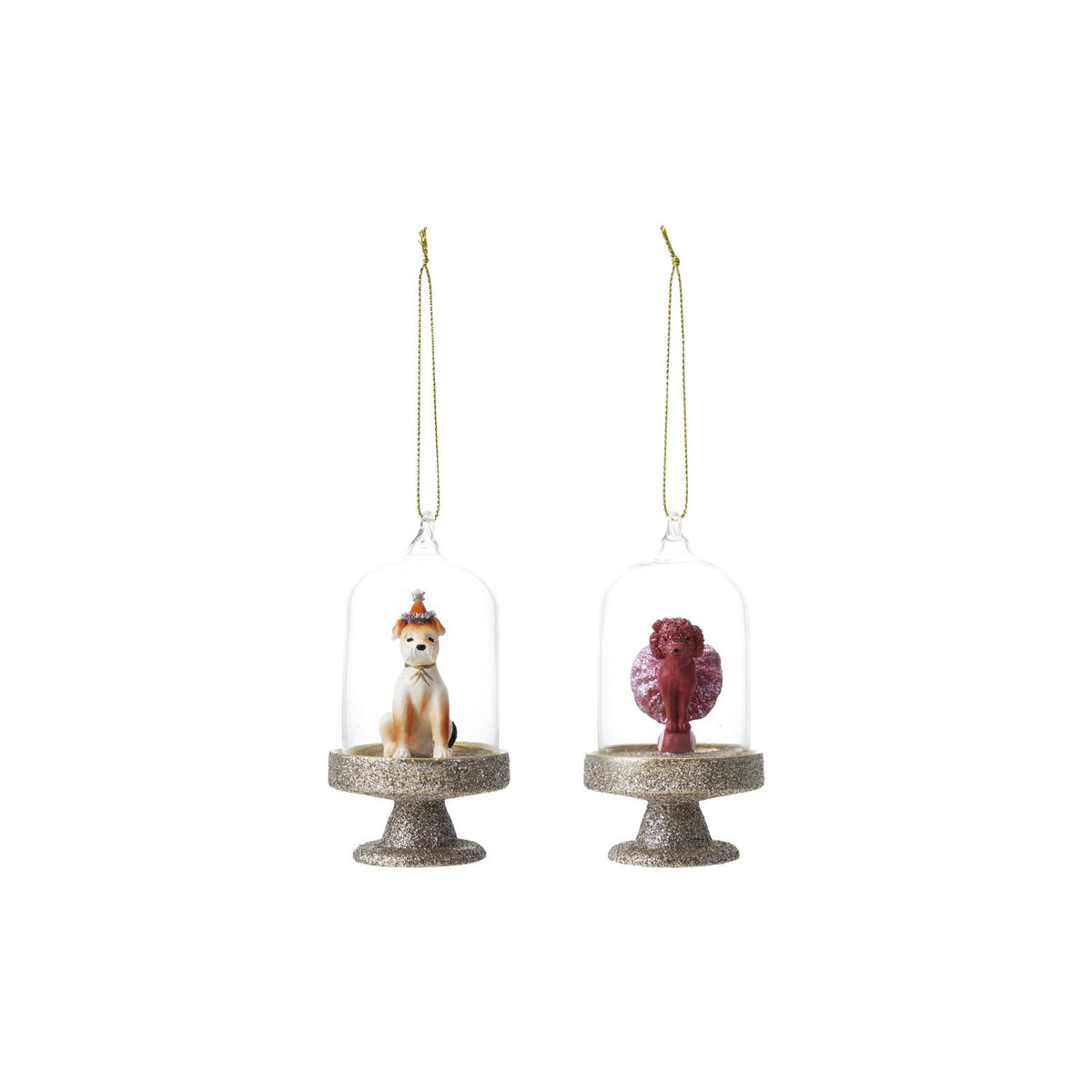 The CREATIVE COOP DOG IN CLOCHE ORNAMENTS feature a red dog and an orange dog in silver glitter bases with gold hanging loops—perfect assorted holiday decor for adding charm to any festive display.