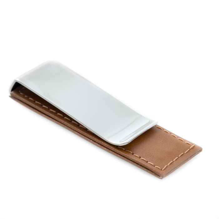 The BEYBERK INTERNATIONAL CHROME AND LEATHER MONEY CLIP features a chrome-plated, tarnish-resistant clip on a brown leather sleeve with prominent white stitching, shown against a white background.