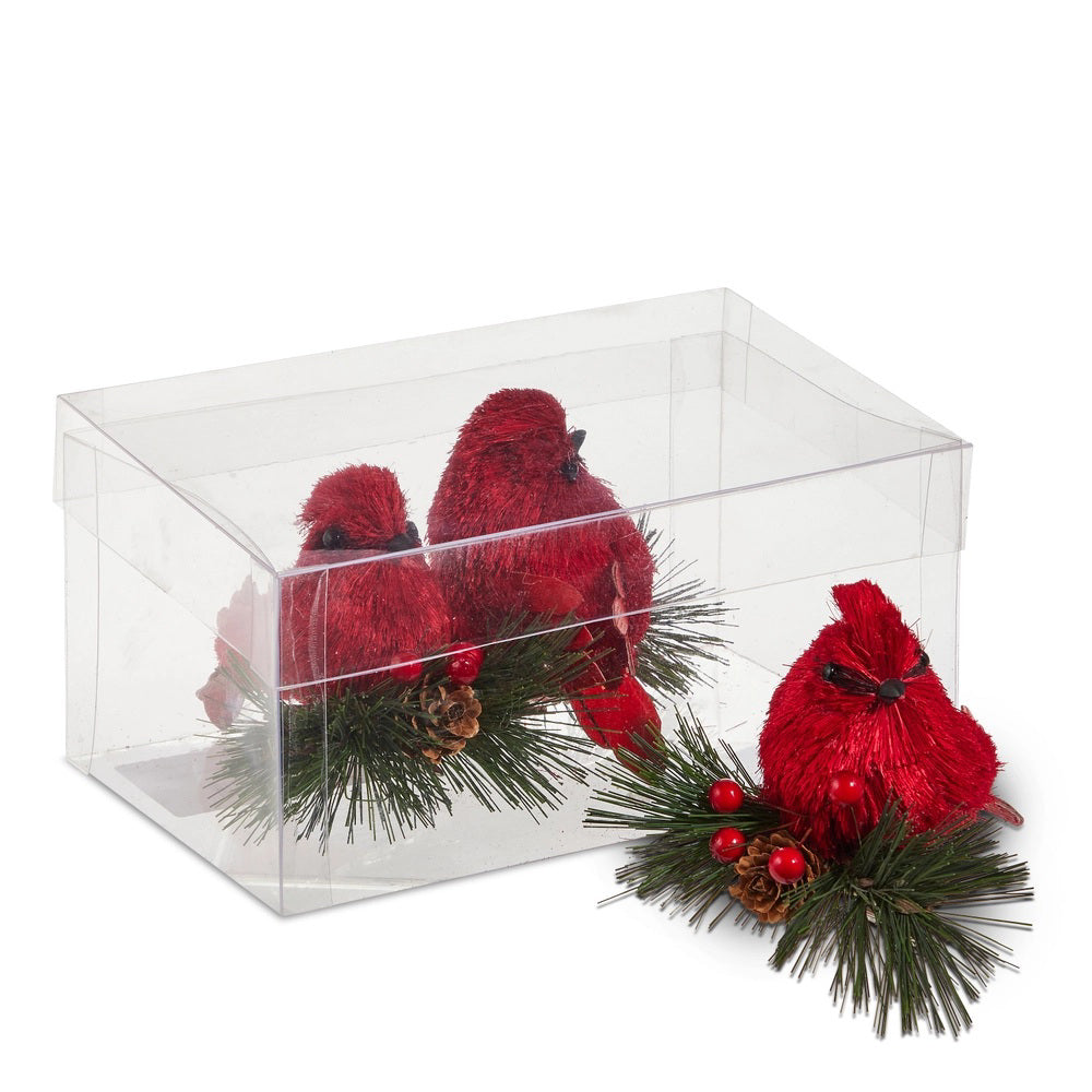The CARDINAL ON GREENERY CLIP by RAZ IMPORTS features three artificial red cardinals with pine, cones, and berries as a festive foam decoration, neatly displayed in a clear plastic box—ideal for crafts or seasonal décor.