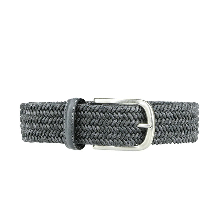 The ATHISON braided leather and cotton stretch belt in grey features a silver rectangular buckle and matching loop, showcased against a white background.