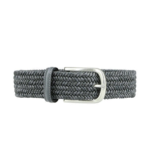 The ATHISON braided leather and cotton stretch belt in grey features a silver rectangular buckle and matching loop, showcased against a white background.