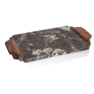 The ZODAX MOCHA MARBLE TRAY / CHARCUTERIE BOARD features a rectangular design crafted from mocha marble with striking brown and white veining, complemented by acacia wood handles on each end—ideal for serving charcuterie, shown isolated on a white background.