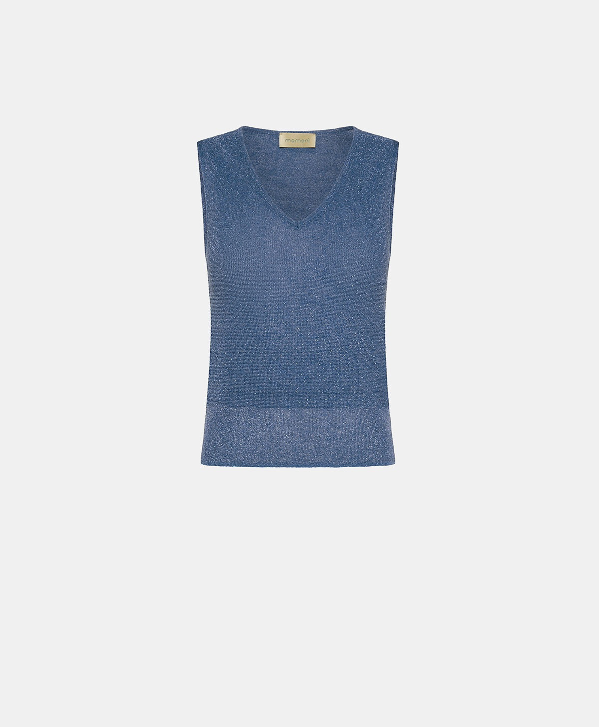Crafted from luxe lurex viscose yarn, the MOMONI IXORA Knit V Neck Tank is a sleeveless gold shimmery top with a plain background, made in Italy.