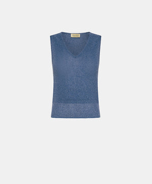 Crafted from luxe lurex viscose yarn, the MOMONI IXORA Knit V Neck Tank is a sleeveless gold shimmery top with a plain background, made in Italy.