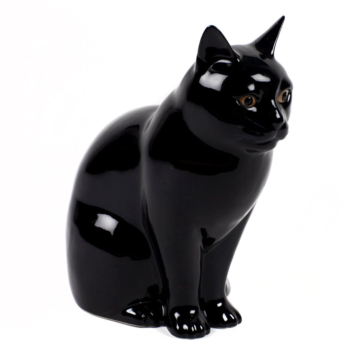 The QUAIL CERAMICS - LUCKY FLOWER VASE SMALL by QUAIL DESIGNS is a glossy black hand-painted stoneware cat figurine with pointed ears and brown eyes, sitting upright against a white background.