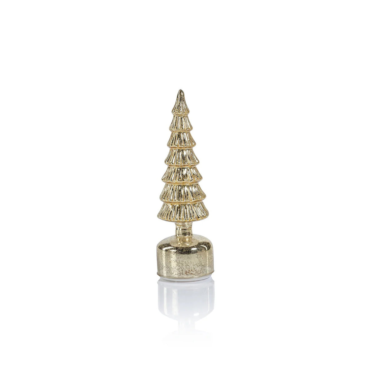 The ZODAX ALPINE ROTATING LED TREE IN ANTIQUE GOLD - SHORT is a small, stylized Christmas tree ornament with tiered branches, a glass LED light, and a rounded base, shown upright against a white background.