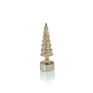 The ZODAX ALPINE ROTATING LED TREE IN ANTIQUE GOLD - SHORT is a small, stylized Christmas tree ornament with tiered branches, a glass LED light, and a rounded base, shown upright against a white background.