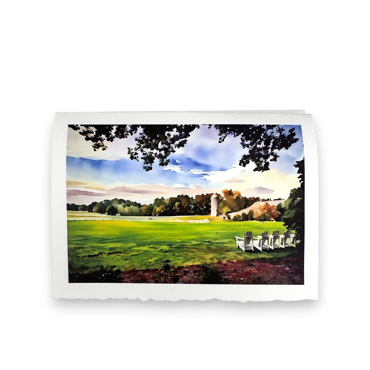 The FEARRINGTON SIGNATURE COLLECTION &quot;CALM AFTER STORM&quot; watercolor greeting card by PICTURE SALON captures a green lawn, silo, and white Adirondack chairs under leafy branches and blue sky—ideal for premium cardstock cards.