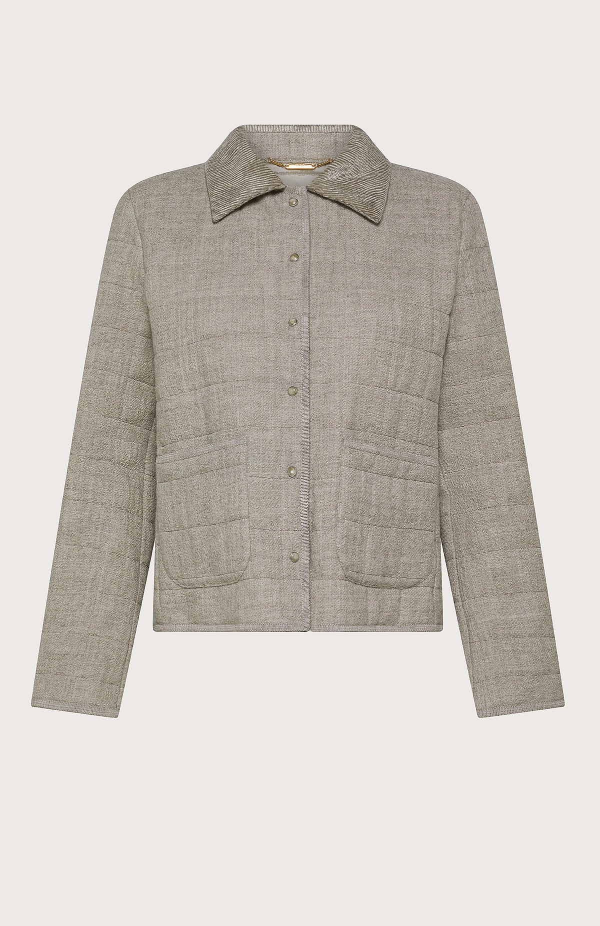 The SEVENTY VENEZIA Linen and Wool Blend Puffer Jacket by SEVENTY features a light gray quilted design with a collar, front snap buttons, two large front pockets, and long sleeves, shown on a plain background.