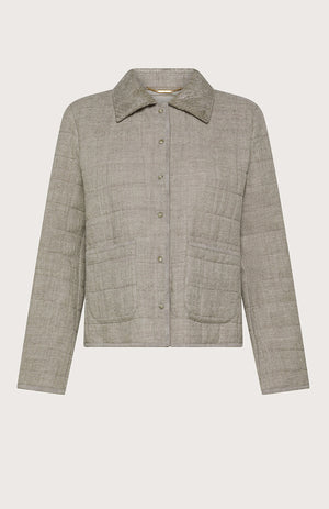 The SEVENTY VENEZIA Linen and Wool Blend Puffer Jacket by SEVENTY features a light gray quilted design with a collar, front snap buttons, two large front pockets, and long sleeves, shown on a plain background.