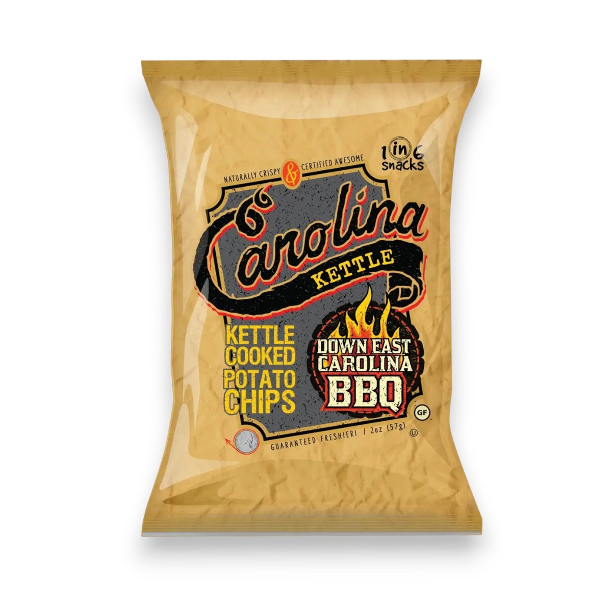 A bag of CAROLINA KETTLE - DOWN EAST BBQ CHIPS from 1 IN 6 SNACKS, featuring a brown and orange design with BBQ flames and bold text, delivers the authentic taste of Eastern North Carolina BBQ sauce accented by a hint of smoky charcoal flavor—making it a true standout among snack foods.