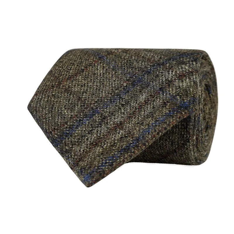 A rolled-up olive checked wool tie by Amanda Christensen, featuring a subtle plaid pattern, displayed on a white background.