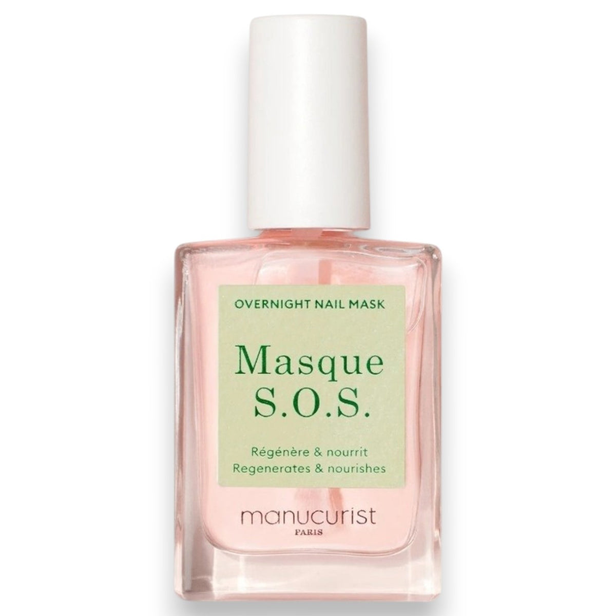A bottle of MANUCURIST - S.O.S. NAIL MASK by MANUCURIST INC, featuring a white cap and a light green label with product information in both French and English. Specially designed as a hydrating night treatment, this mask targets damaged nails, and the liquid inside is light pink.