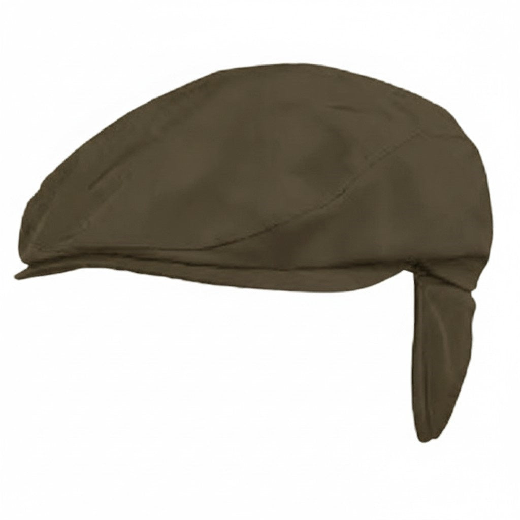 The WIGENS Ivy Slim Sport Twill Cap in dark olive is a flat cap with a short brim and side flap, crafted from water-repellent material and shown against a white background.
