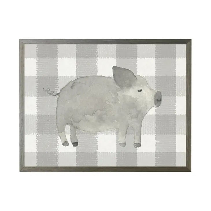 The BLACK WHITE WATERCOLOR PIG by ANTIQUE CURIOSITIES features a framed illustration of a muted gray watercolor pig standing sideways on a gray and white plaid background. The gray frame perfectly complements the artwork's color scheme, adding an elegant touch reminiscent of buffalo stripes.