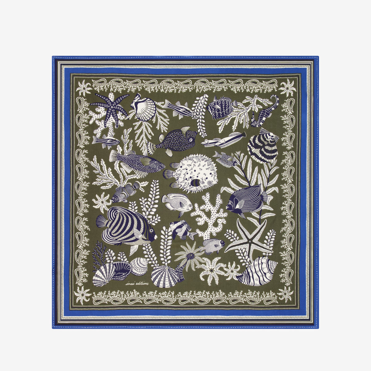 The INOUI EDITIONS - NEPTUNE SCARF IN KHAKI by INOUI features an intricate underwater scene with fish, seaweed, and coral in blue, white, and purple, bordered by geometric blue and green patterns.
