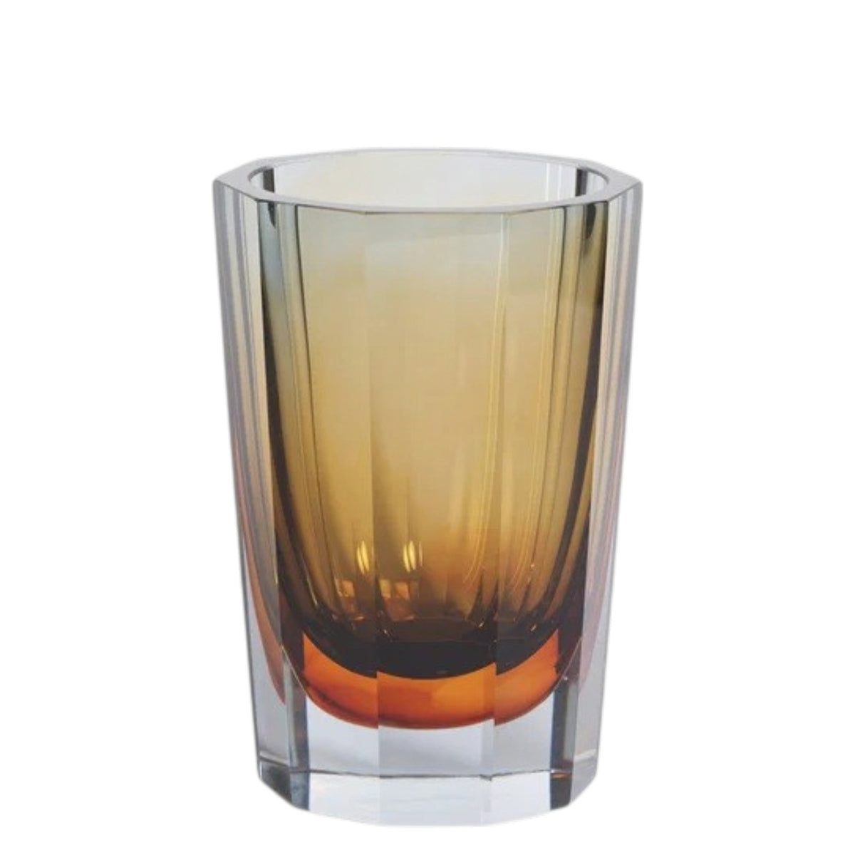 The ZODAX CORVATSCH Amber and Smoke Tonal Glass Vase, 6.75", features a contemporary design with transparent glass, an amber-tinted base, and vertical faceted sides, showcased against a white background.