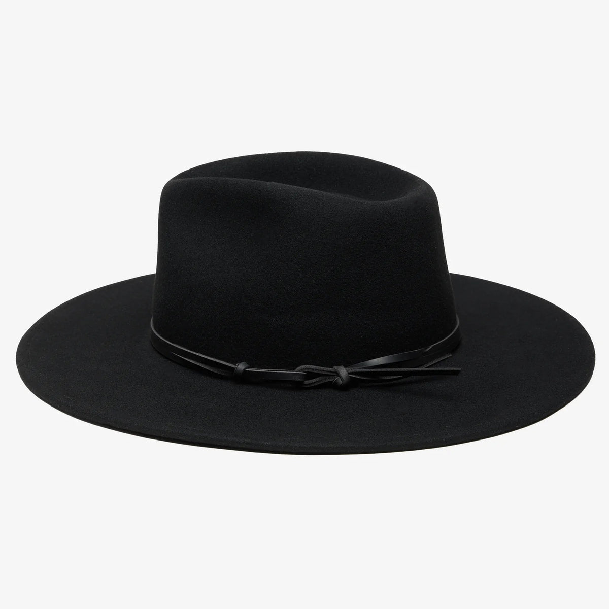 WYETH - RILEY WOOL RANCHER IN BLACK: a black wide-brim packable rancher hat with a matching black cord tied around the base of the crown.