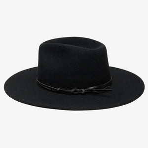WYETH - RILEY WOOL RANCHER IN BLACK: a black wide-brim packable rancher hat with a matching black cord tied around the base of the crown.