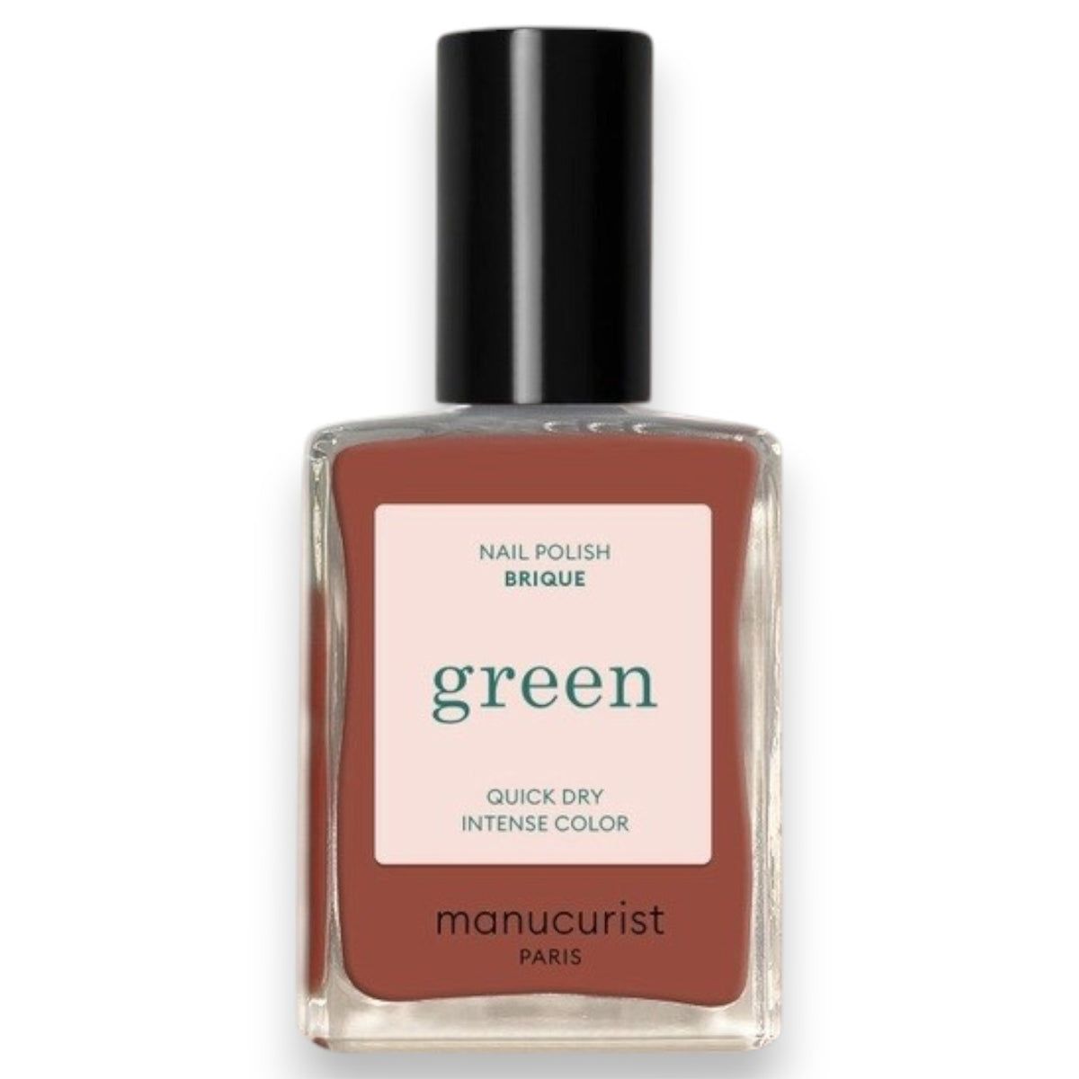 A chart displaying twelve lipstick shades—each swatched alongside its name and color description—features a range of reds and oranges, from coral and cherry to terracotta, pomegranate, and deep berry tones. These hues are designed to perfectly complement your favorite vegan nail polish or pair flawlessly with MANUCURIST - GREEN™ NAIL POLISH IN BRICK by MANUCURIST INC for a coordinated, striking look.