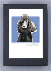 The PAPER RUSSELLS - STANDARD POODLE NOTE CARDS by PAPER RUSSELLS display a framed artwork featuring a Standard Poodle against a blue background. The detailed portrayal of the poodle's head and neck, highlighting its curly fur and elegant appearance, is prominently showcased. The words "Standard Poodle" are written at the bottom of the image, printed on eco-friendly stationery.