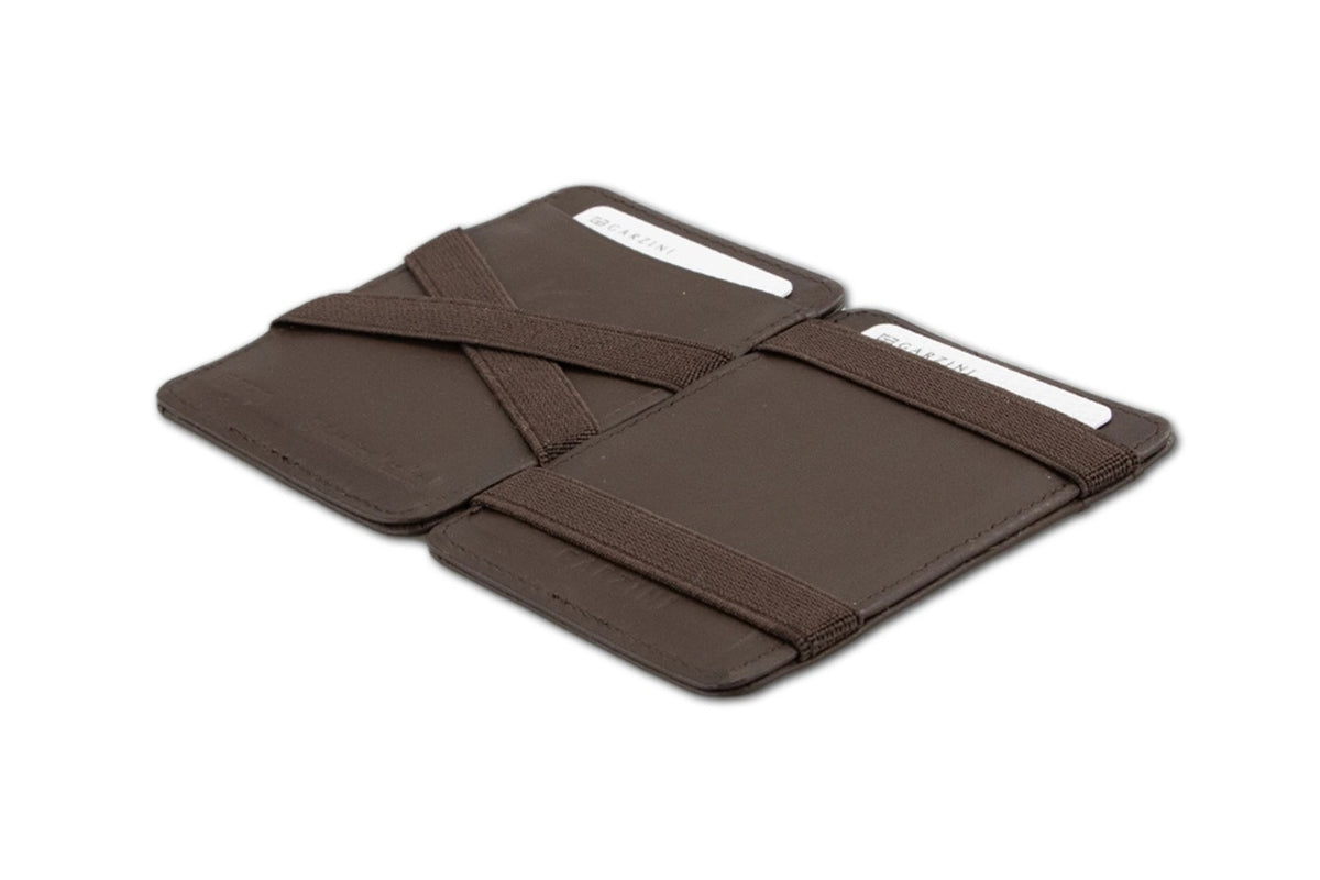 The GARZINI Magic Slim RFID-Blocking Leather Wallet in Brown by GARZINI is a slim, top grain leather wallet with multiple card slots and a small colorful fabric tag, offering RFID protection for your essentials. Displayed on a white background.