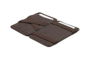The GARZINI Magic Slim RFID-Blocking Leather Wallet in Brown by GARZINI is a slim, top grain leather wallet with multiple card slots and a small colorful fabric tag, offering RFID protection for your essentials. Displayed on a white background.