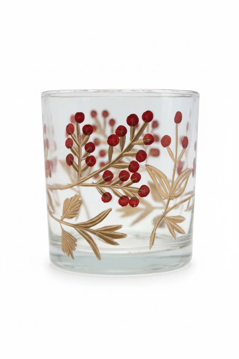 HAND PAINTED ETCHED GLASS TEALIGHT HOLDER WITH BERRIES featuring a clear glass design with hand-painted red berries and gold leaves.