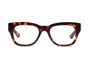 The CADDIS - MIKLOS PROGRESSIVE READERS by CADDIS are eyeglasses featuring thick, rectangular tortoiseshell premium acetate frames with clear lenses, displayed against a white background.