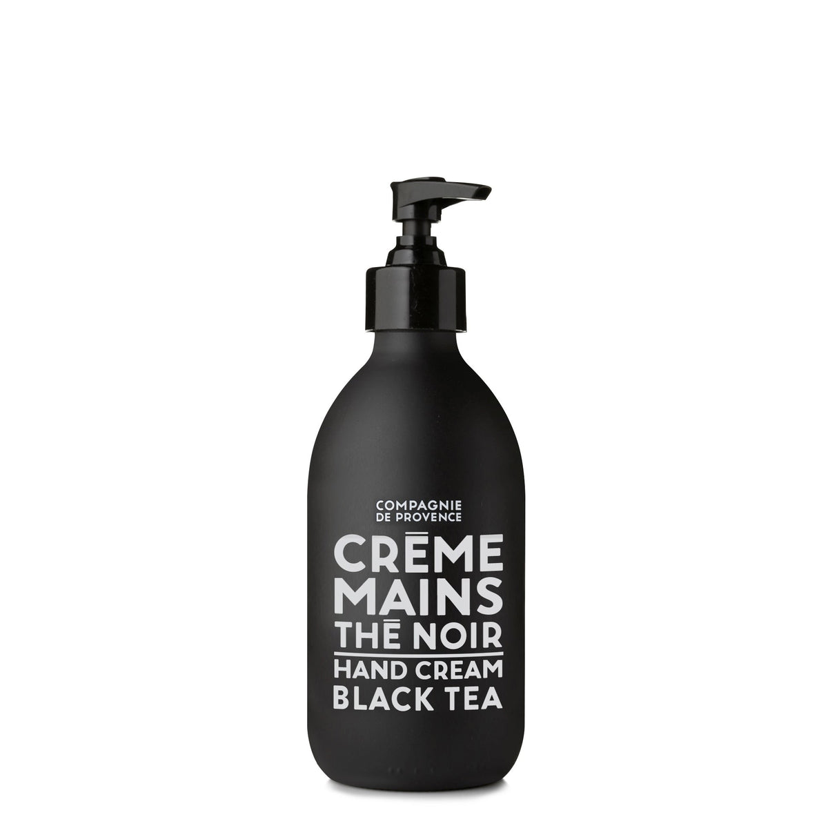 A sleek pump bottle of CIE LUXE BRANDS&#39; COMPAGNIE DE PROVENCE - BLACK TEA HAND CREAM is infused with nourishing shea butter. The elegant white label displays &quot;CREME MAINS LE NOIR HAND CREAM BLACK TEA&quot; in French and English, offering a luxurious touch for your hands.