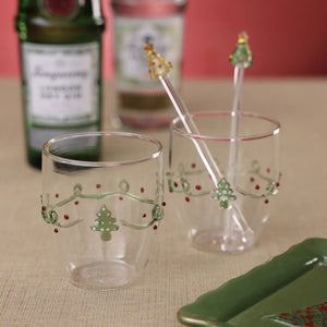 ZODAX HOLIDAY SPRUCE ALL PURPOSE GLASS TUMBLER, a 380 ml soda lime glass decorated with a green garland, red dots, and a small green Christmas tree.
