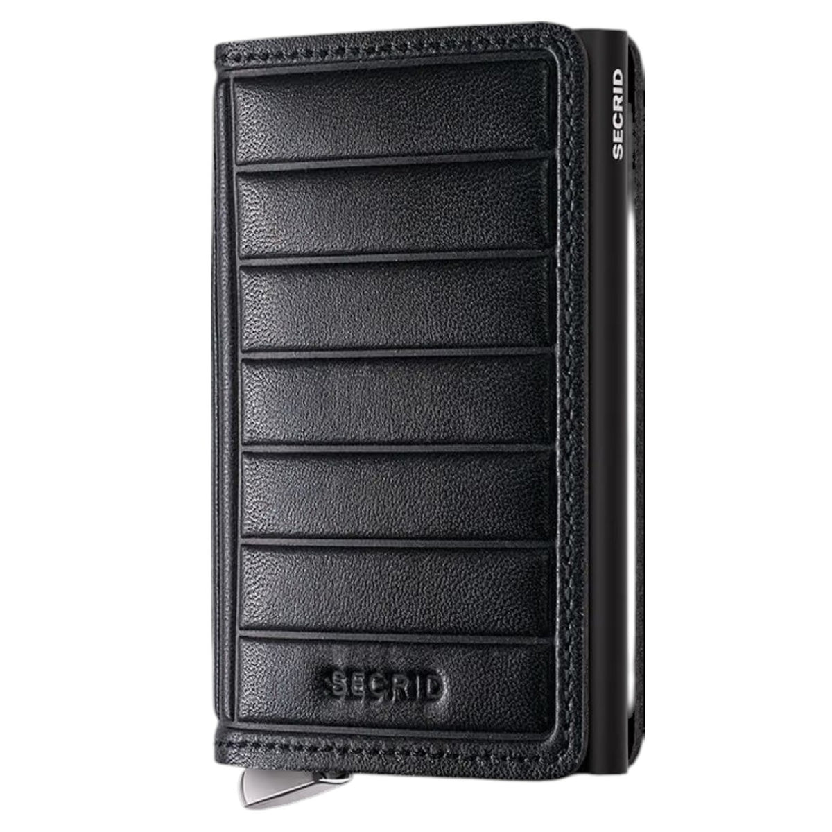 A SECRID - PREMIUM SLIMWALLET+ EMBOSS LINES IN BLACK, crafted from black leather with embossed horizontal lines, features a secure metal button closure, a side card slot, and the SECRID logo embossed on the lower front. This wallet is RFID-protected for added security.