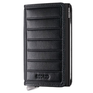 A SECRID - PREMIUM SLIMWALLET+ EMBOSS LINES IN BLACK, crafted from black leather with embossed horizontal lines, features a secure metal button closure, a side card slot, and the SECRID logo embossed on the lower front. This wallet is RFID-protected for added security.
