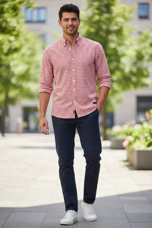 The FRANK & EILEEN Finbar Men's Button Up Shirt in Red and White Check features Italian cotton, a collar, and rolled-up sleeves, shown on a white background.