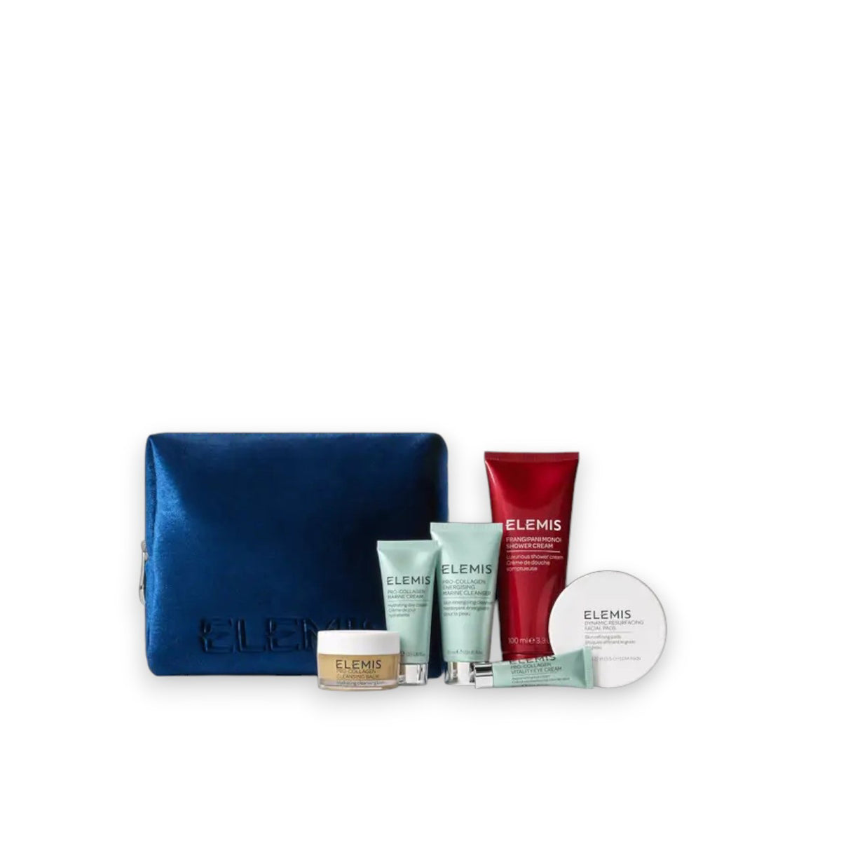 ELEMIS - AWAY FOR THE HOLIDAY TRAVEL SKINCARE COLLECTION by ELEMIS - STEINER features a blue pouch with six pro-collagen skincare products in tubes, a jar, and a round container—ideal for travel—displayed against a white background.