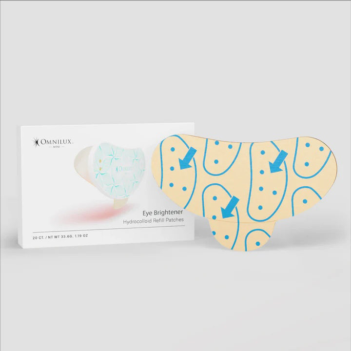 A person with gray hair uses the OMNILUX EYE BRIGHTENER HYDROCOLLOID REFILL PACK, a pink skincare tool, applying it near their cheek. The neutral background enhances this self-care routine with under-eye gel patches infused with niacinamide.