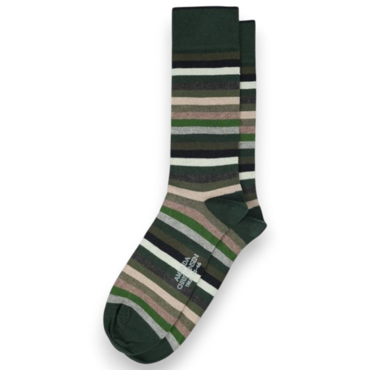 The AMANDA CHRISTENSEN True Block Stripe Mid-Calf Socks in Green, featuring green, beige, brown, and black horizontal stripes, are neatly displayed on a white background.