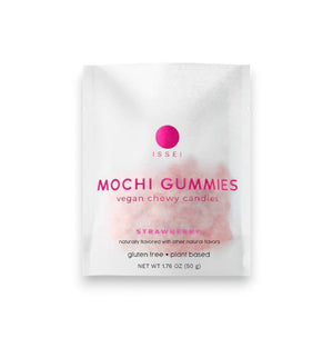 MOCHI GUMMIES- STRAWBERRY offers vegan, chewy strawberry gummies with summer fruit notes. The 1.76 oz (50g) bag features a white design with pink text, highlighting "gluten free" and "plant based.