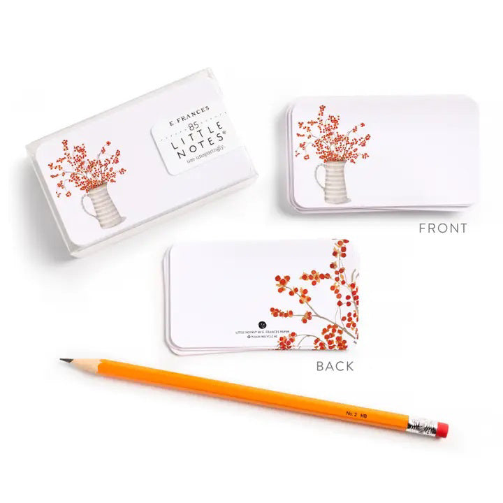 The E. FRANCES PAPER - LITTLE NOTES AUTUMN BERRY PITCHER set features 85 mini notecards in a clear box, each showing a beige striped vase with red-orange berries—ideal fall stationery for lunch boxes or gift toppers.