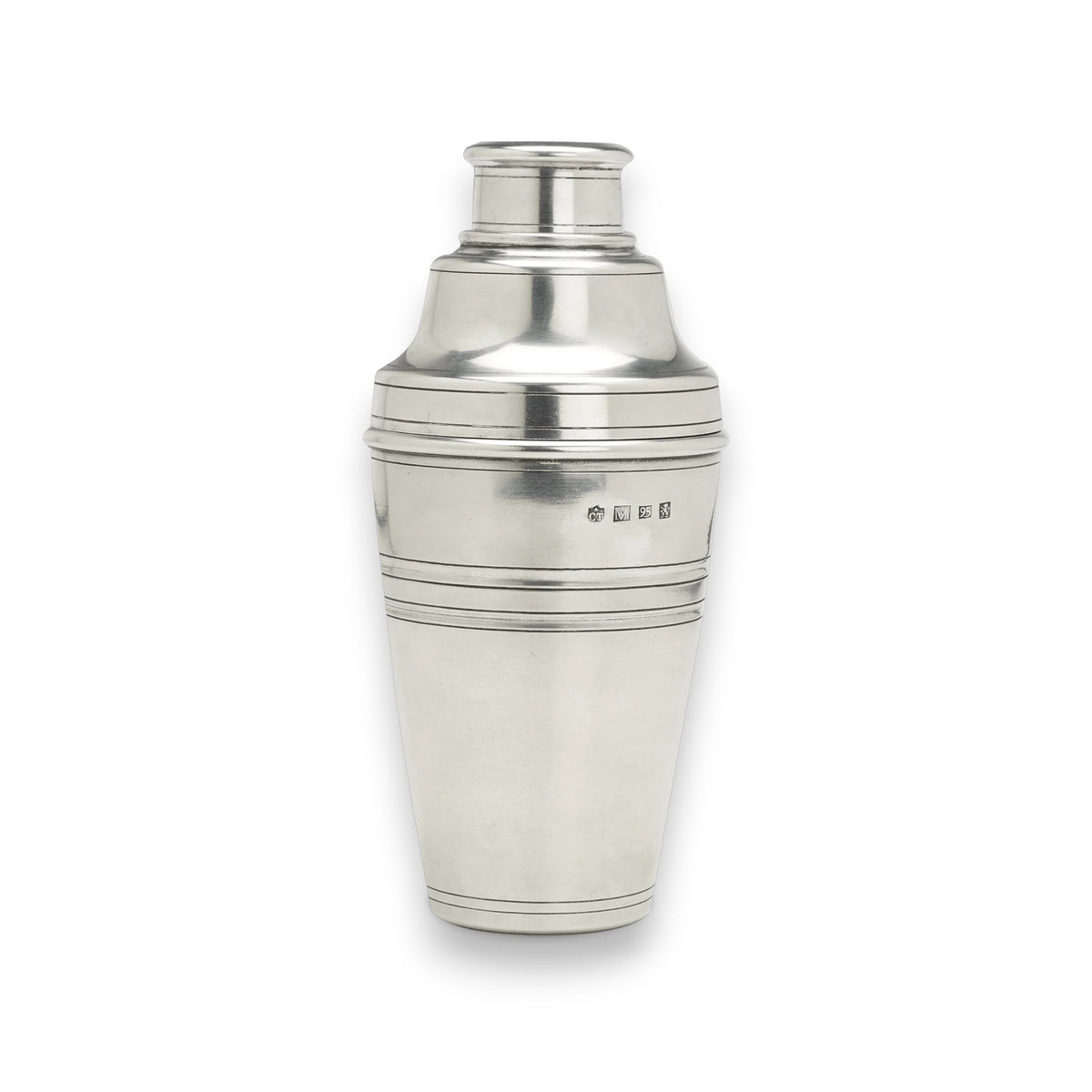 The MATCH - PEWTER COCKTAIL SHAKER by MATCH is a polished 20-ounce shaker with simple horizontal engravings and hallmark stamps on the upper section, shown upright against a white background.