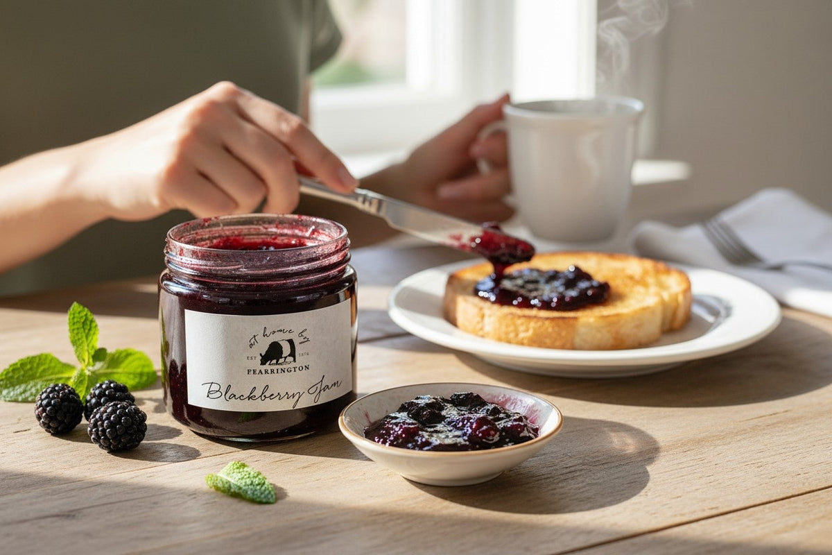 The FEARRINGTON SIGNATURE COLLECTION - FEARRINGTON HOUSEMADE BLACKBERRY JAM features a stylish black and white striped ribbon tied around the lid. The label reveals ingredients including blackberry, vanilla, lemon, pectin, and sugar. This handcrafted jam is made with meticulous care and is an ideal hostess gift. Please be aware that it may contain allergens.