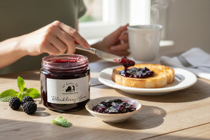 The FEARRINGTON SIGNATURE COLLECTION - FEARRINGTON HOUSEMADE BLACKBERRY JAM features a stylish black and white striped ribbon tied around the lid. The label reveals ingredients including blackberry, vanilla, lemon, pectin, and sugar. This handcrafted jam is made with meticulous care and is an ideal hostess gift. Please be aware that it may contain allergens.