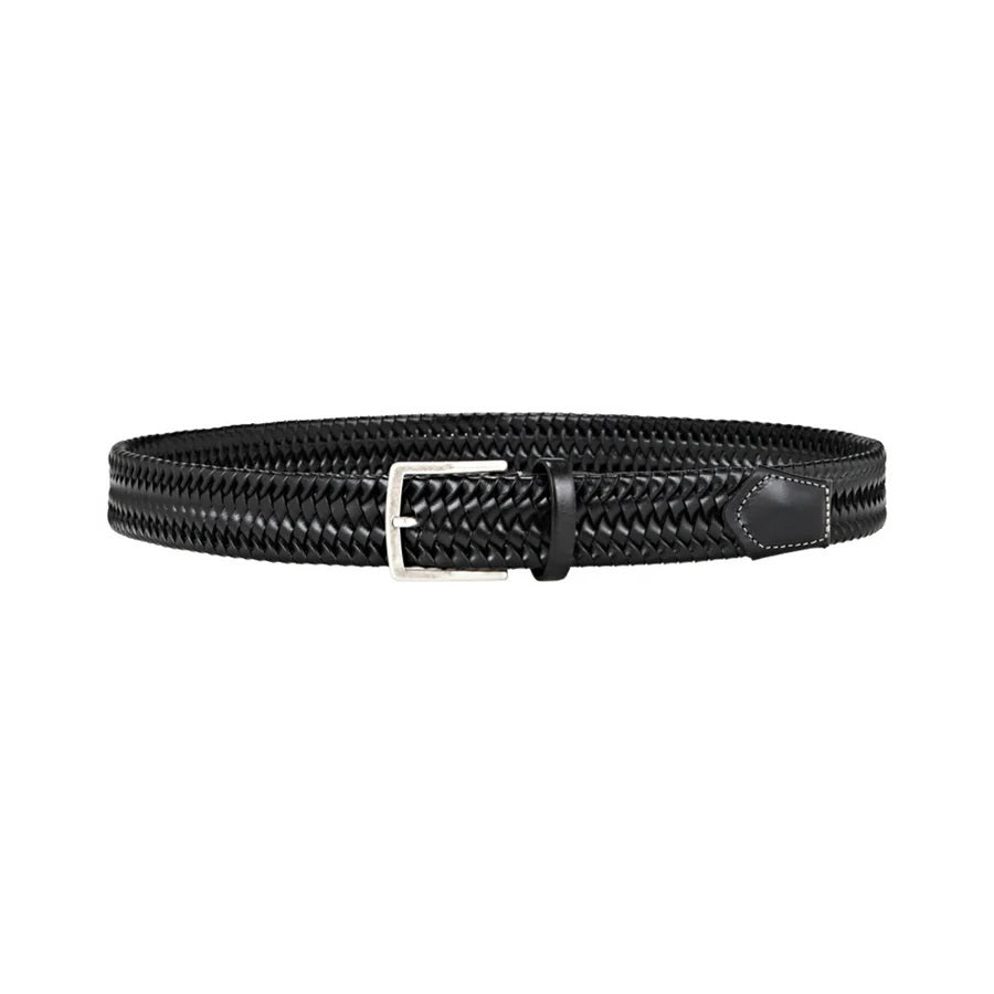 ATHISON - BRAIDED LEATHER BELT IN BLACK AND GRAY size guide: XS–XL fits waists 70–115 cm, belt lengths 85–130 cm. Size M suits a 95 cm waist and is 110 cm long. Brand: ATHISON.