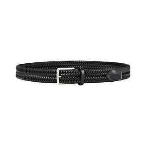 ATHISON - BRAIDED LEATHER BELT IN BLACK AND GRAY size guide: XS–XL fits waists 70–115 cm, belt lengths 85–130 cm. Size M suits a 95 cm waist and is 110 cm long. Brand: ATHISON.