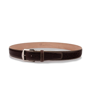 The L.E.N. LIFESTYLE American Bison Belt in brown/beige by LEN LIFESTYLE features genuine leather, a silver buckle, and white stitching, handcrafted in the USA and shown circular on a white background.